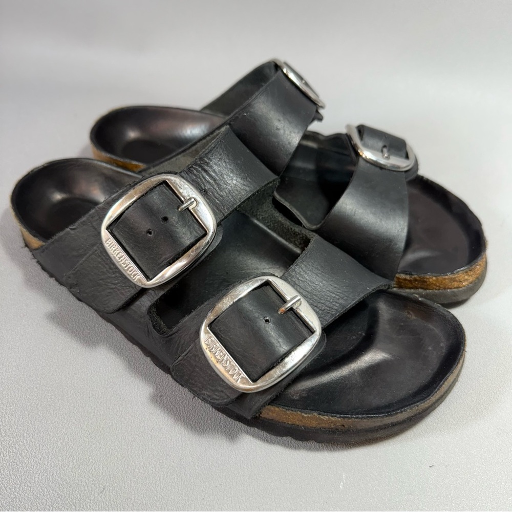 Birkenstock Arizona Black Leather Big Buckle Slide Sandals - Picture 2 of 14